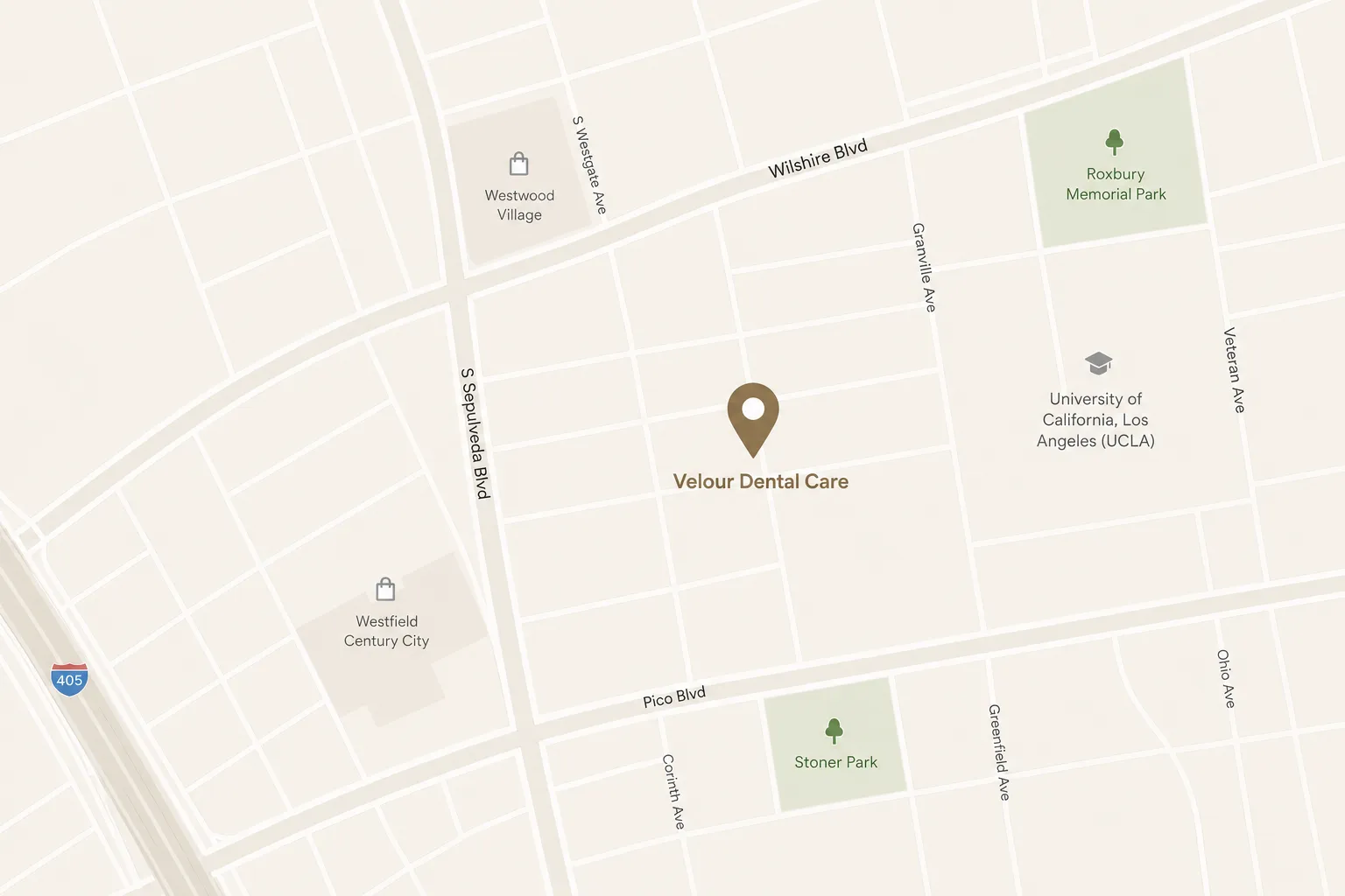 Map showing Lumina Dental Care near UCLA, Westfield Century City, Roxbury and Stoner Parks in Los Angeles.